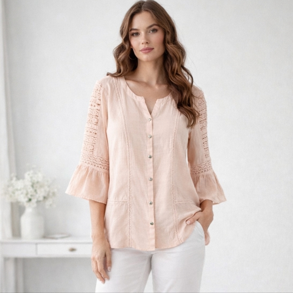 JM Collection Peach Lace Bell Sleeve Blouse Petite NWT